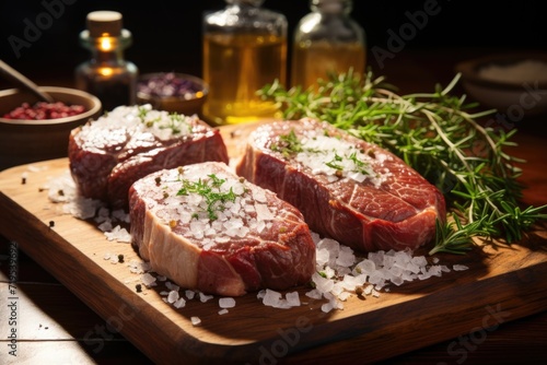 Two raw picanha steak on the rustic -style wood plate with salt, garlic and pepper copyspace upper view, generative IA