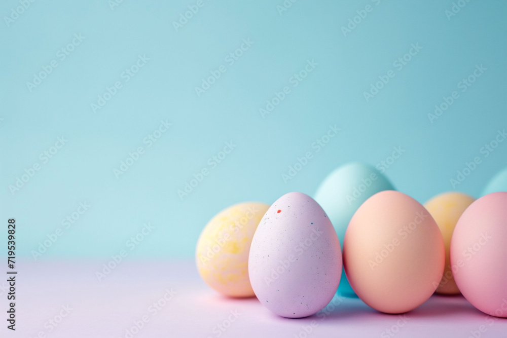 Isolated Pastel-colored Easter eggs sit on a soft blue background. The simplicity and pastel palette evoke a calm, festive mood, suitable for springtime holiday themes. Isolated Pastel-colored Easter eggs sit on a soft blue background. The simplicity and pastel palette evoke a calm, festive mood, suitable for springtime holiday themes.