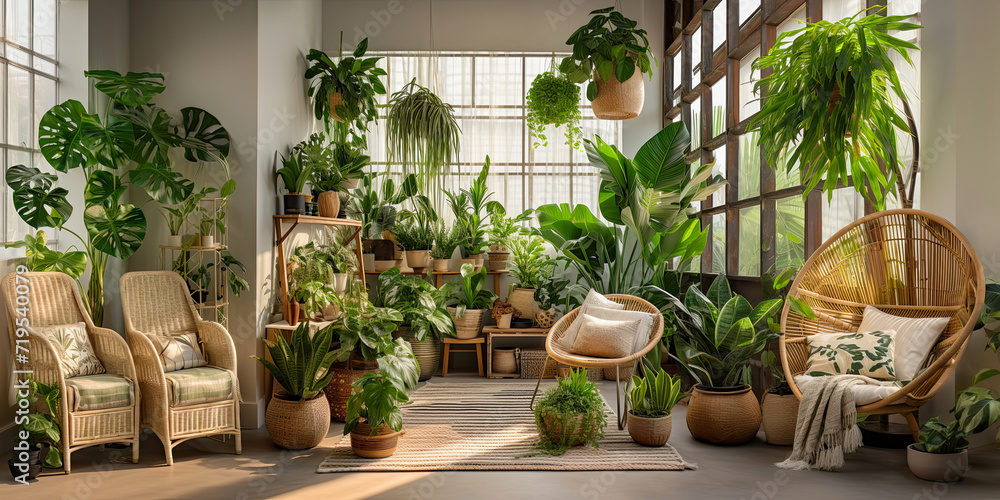 Interior of the living room of a green house, a winter garden, a glazed veranda in eco-style made of natural materials and many homemade potted plants in wicker flowerpot.