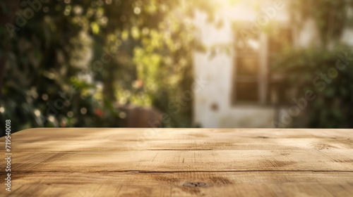 Sunny Homely Display: Empty Wooden Table with a Warm, Blurred Garden Background