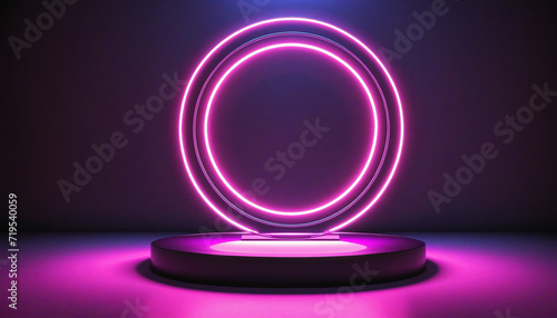 Neon futuristic podium design for product showcase with abstract geometric background and modern pedestal mockup. Cyberpunk neon grid interior concept.