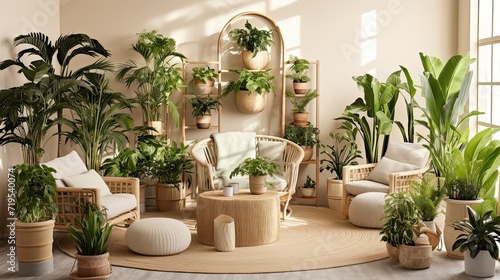 Interior of the living room of a green house, a winter garden, a glazed veranda in eco-style made of natural materials and many homemade potted plants in wicker flowerpot.