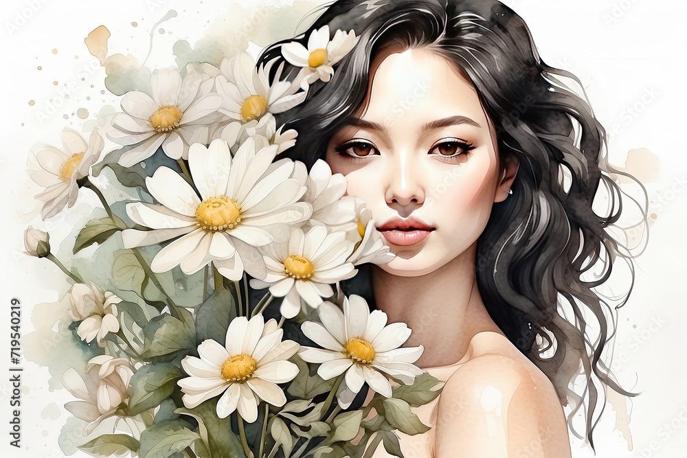 The watercolor silhouette of a asian woman with daisies in her hair is a delicate spring and summer portrait. Freedom, femininity, skin care, wedding. 