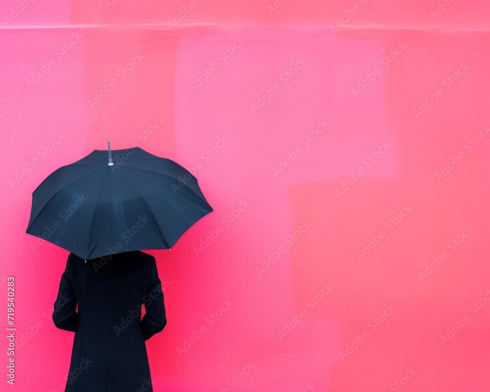Mystery Woman with Umbrella Against Vibrant Pink Wall - Urban Chic and Contemporary Style Concept