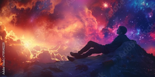 Galactic Slumber: Serene Man Lounging in Cosmic Bed Gazing at Universal Sunset