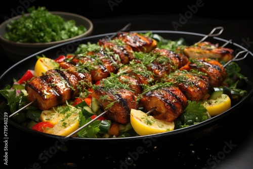 Chicken skewers with peppers and dill slices. Tasty food. weekend meal. View of the top. flat posture., generative IA
