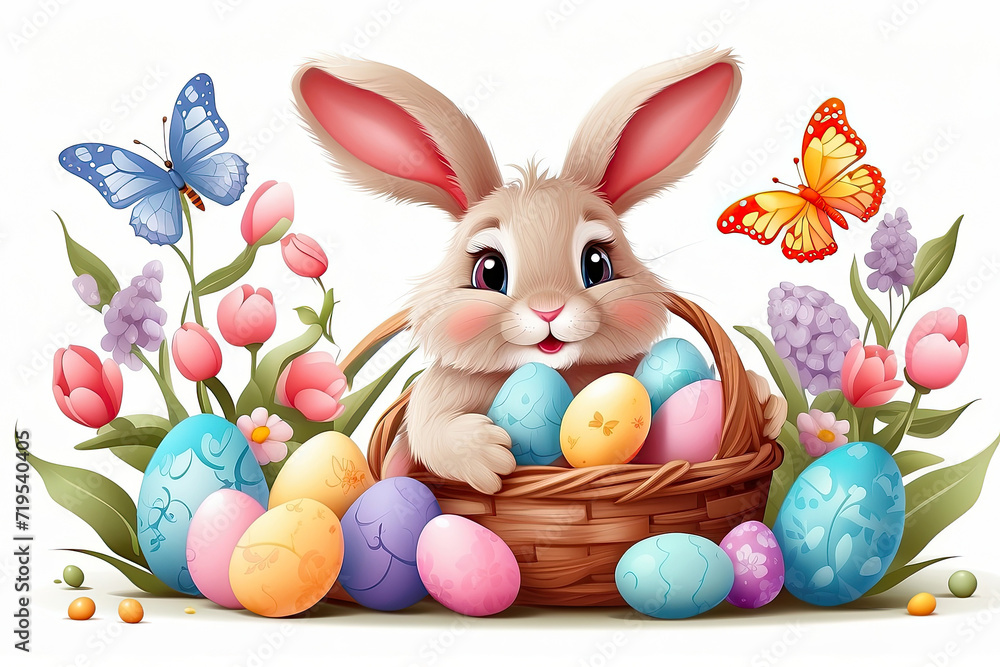 A cute Easter bunny with colored eggs and spring flowers on a white background, a traditional holiday card. A cute Easter bunny with colored eggs and spring flowers on a white background, a traditional holiday card.