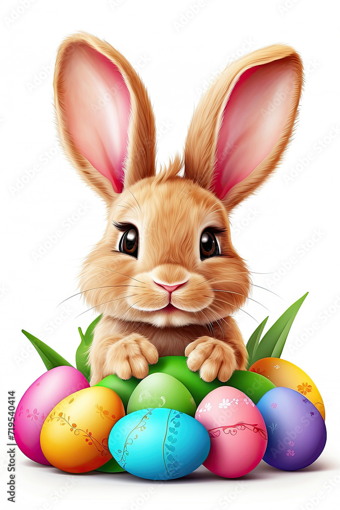 A cute Easter bunny with a basket of eggs and spring flowers is an illustration of a children character on a white background, a traditional holiday card. 