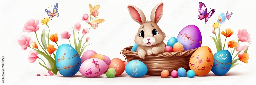 A cute Easter bunny with colored eggs and spring flowers on a white background, a traditional holiday card. A cute Easter bunny with colored eggs and spring flowers on a white background, a traditional holiday card.