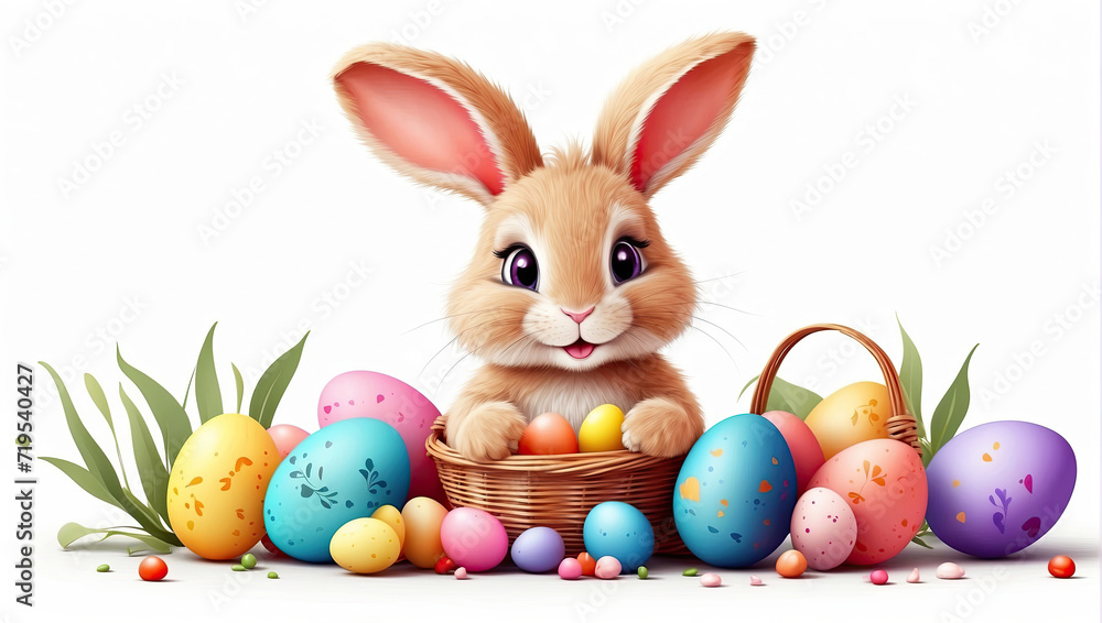 A cute Easter bunny with colored eggs and spring flowers on a white background, a traditional holiday card. A cute Easter bunny with colored eggs and spring flowers on a white background, a traditional holiday card.