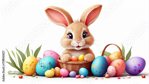 A cute Easter bunny with colored eggs and spring flowers on a white background, a traditional holiday card.  © Ольга Симонова