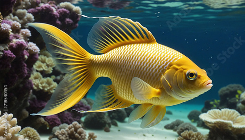 Exploring the elegant marine world as a golden fish gracefully glides through an aquarium, gracefully moving through the colorful reef without any effort. © SR07XC3