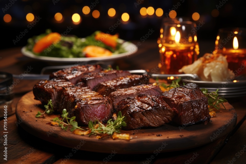 Succulent picanha slices, arranged on a rustic wood plate, in a country restaurant with outdoor tables and lit candle lights., generative IA