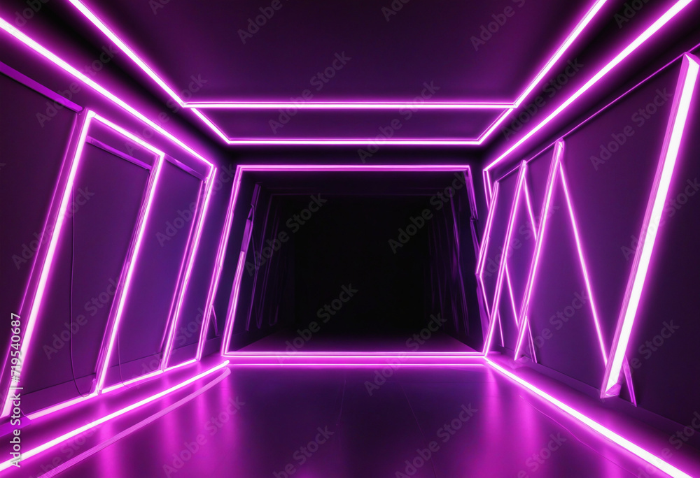 Glowing geometric neon light background with laser lines and LED technology in a nightclub setting. Glowing geometric neon light background with laser lines and LED technology in a nightclub setting.
