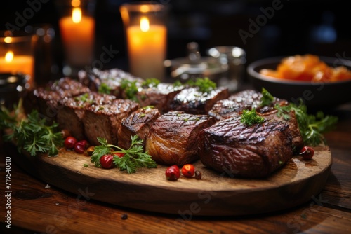 Successful picanha slices, arranged on a rustic wood plate, in a country restaurant with outdoor tables., generative IA