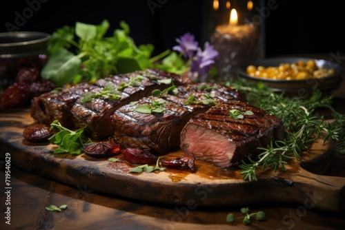 Succulent picanha slices, arranged on a rustic wood plate, in a country restaurant with outdoor tables and lit candle lights., generative IA