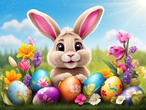 A cute Easter bunny with colored eggs and spring flowers  a traditional holiday card. AI generated