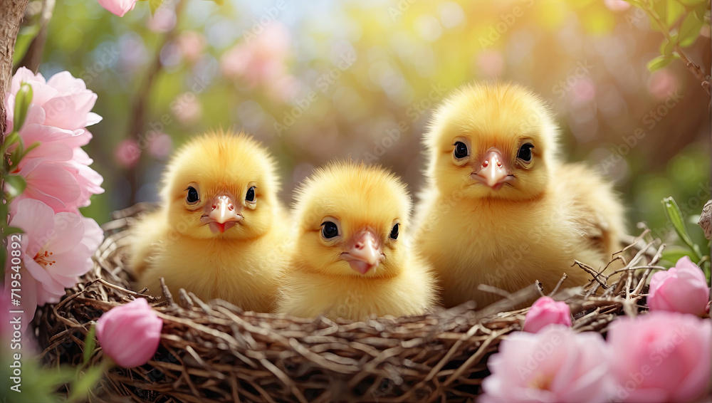 Cute fluffy yellow chicks in a spring blooming nest of twigs and flowers in nature. Spring card, spring time, children, childhood