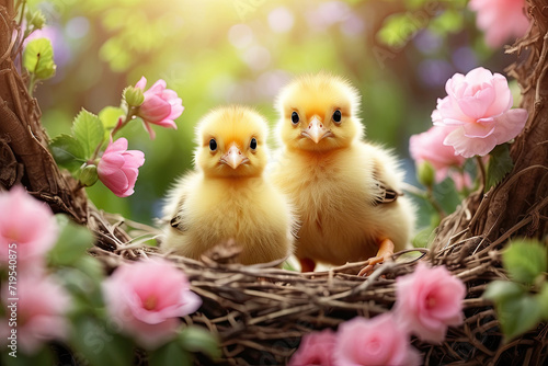 Cute fluffy yellow chicks in a spring blooming nest of twigs and flowers in nature. Spring card, spring time, children, childhood © Ольга Симонова