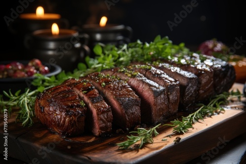 Succulent picanha slices, arranged on a wooden plate, in a traditional restaurant., generative IA