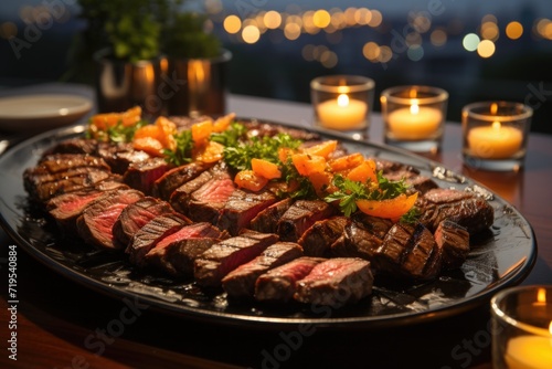 Succulent picanha slices, arranged on a silver plate, in a sea restaurant overlooking the sunset., generative IA