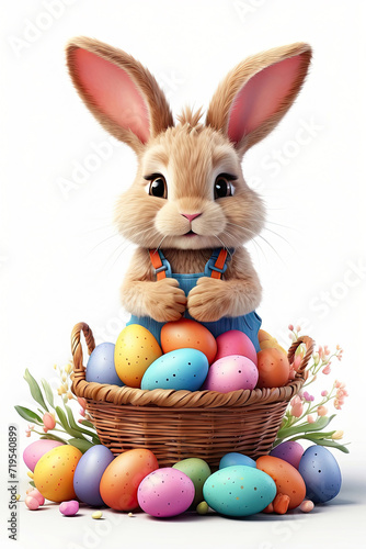 A cute Easter bunny with a basket of eggs and spring flowers is an illustration of a children character on a white background  a traditional holiday card. 