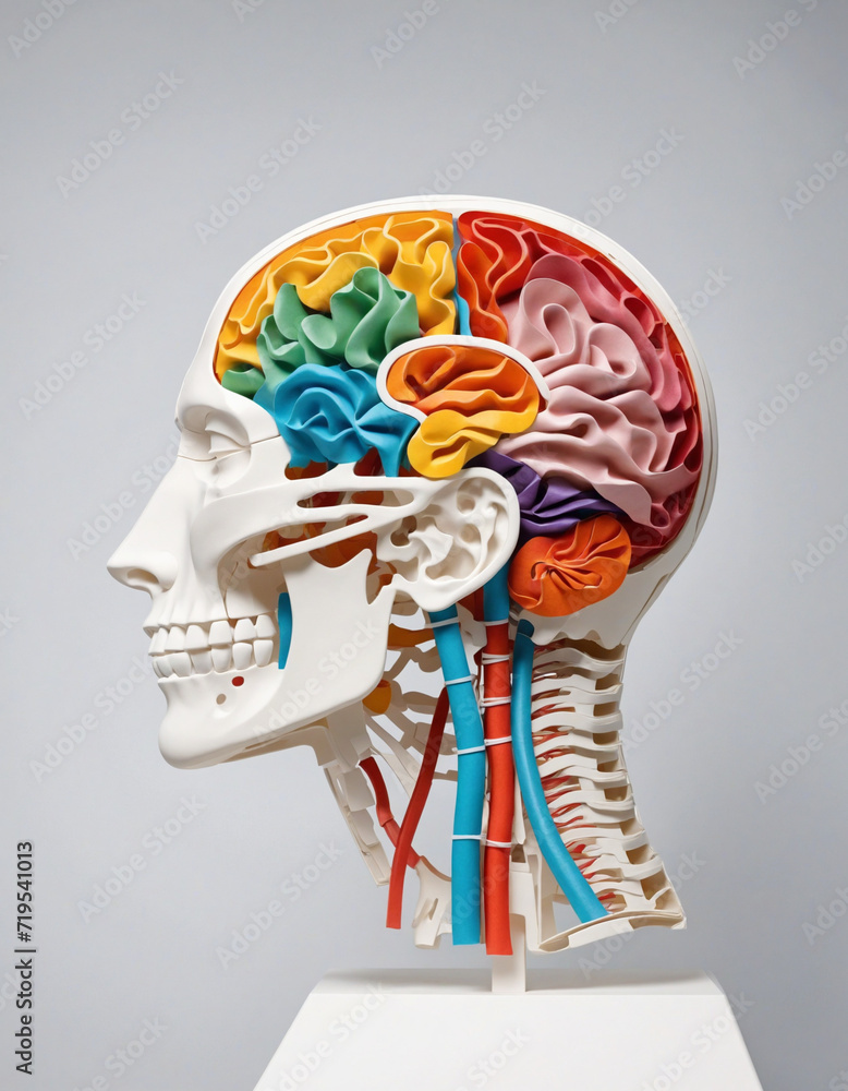 Colorful paper cut man head illustration on isolated background. Human brain x-ray side view profile with 3D papercut layer for educational anatomy model, science or nervous system concept.