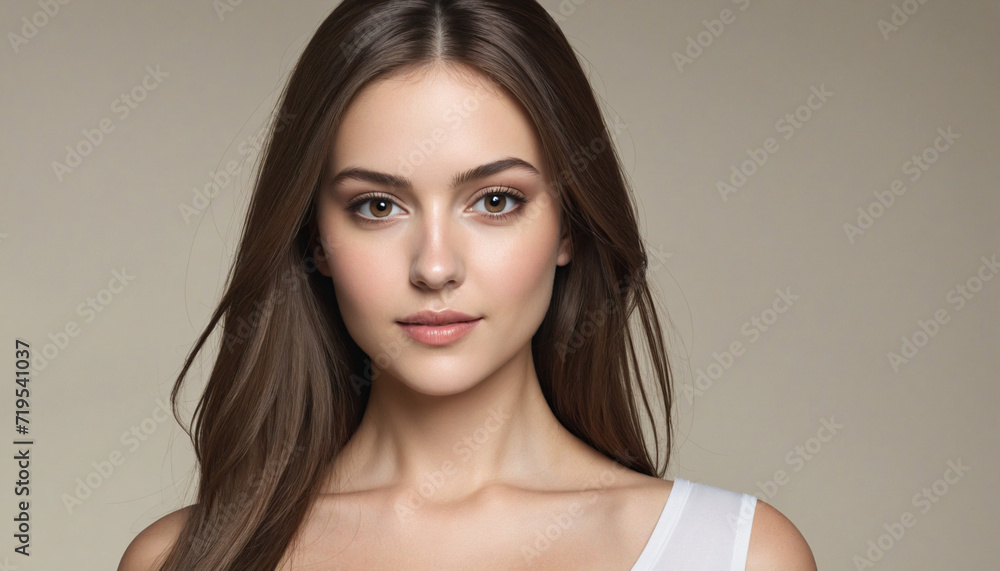 Young woman with flowing brown locks gazes into camera crafted by technology Young woman with flowing brown locks gazes into camera crafted by technology