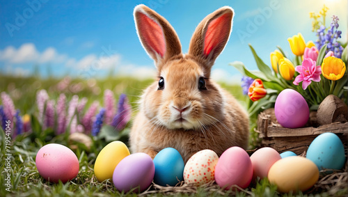 A cute real Easter bunny with colored eggs and spring flowers, a traditional holiday card.
