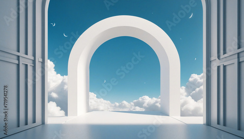 Minimalist Blue 3D Background with Arch and Clouds