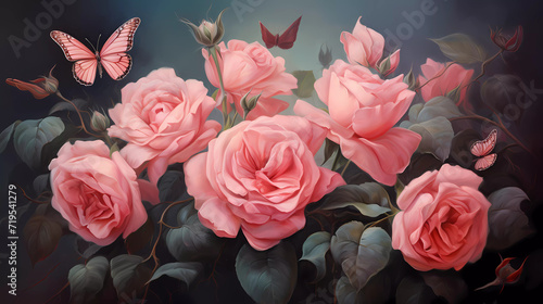 A painting of pink roses and two butterflies