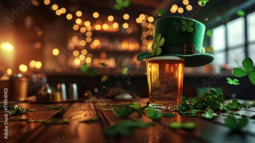 cheerful atmosphere in the pub at st. Patrick's Day celebration with green flying hat and glasses of beer