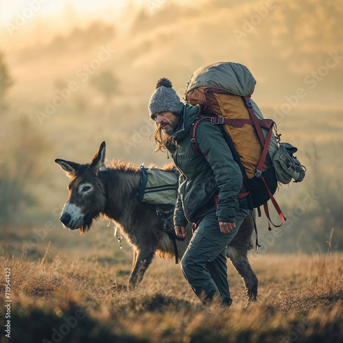 Bearded hiker in cold weather gear rucking with a heavy backpack and a donkey in the golden hour light photo