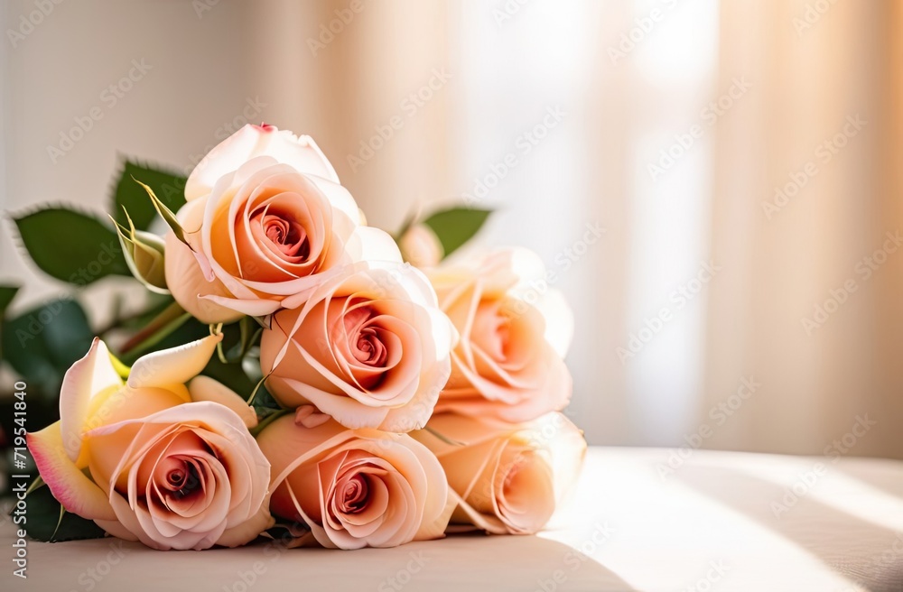Obraz premium A bouquet of tea roses lies on a white bed in a bright bedroom. A gift for your beloved, Valentine's day, birthday, date. Copy space