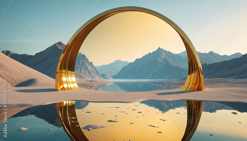 Surreal 3D Panoramic Landscape with Golden Mirror Arches, Hills, and Water Reflections - obrazy, fototapety, plakaty 