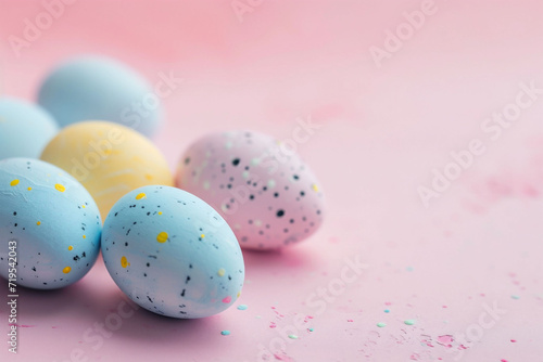 A close-up painted speckled Easter eggs on a pink surface, creating a playful and whimsical atmosphere. Perfect for seasonal advertising and family-oriented content.