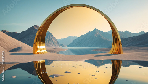 3d render, surreal panoramic background. Abstract minimal wallpaper of fantastic landscape with golden mirror arches, hills and water reflection © SR07XC3
