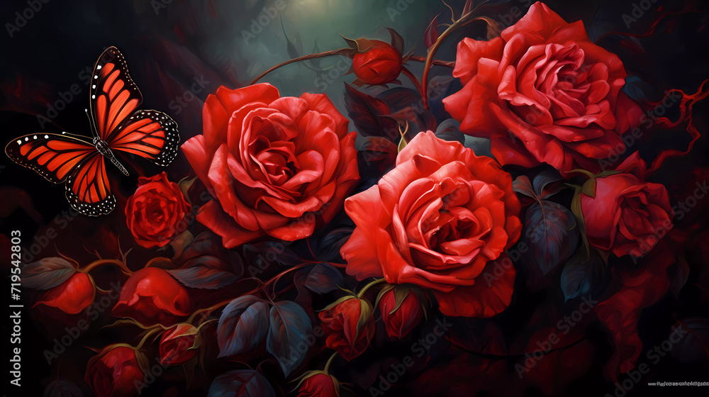 A painting of red roses and a butterfly