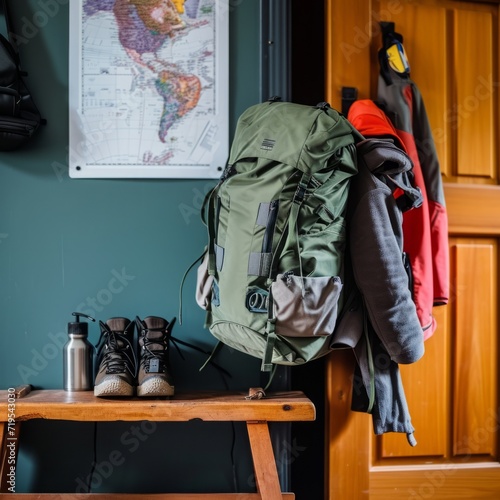 Prepared for Adventure: Hiking Backpack and Boots on Bench with World Map in the Background