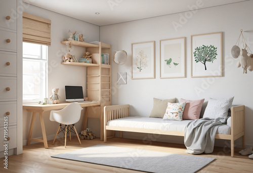 Kid s room with wooden furniture and a model frame