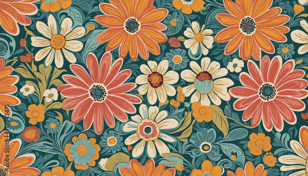 Vintage floral pattern with geometric design and daisy flowers