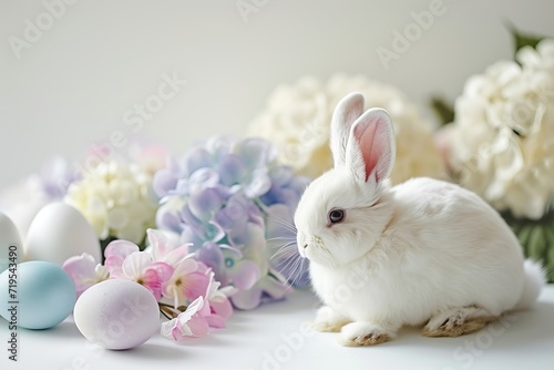 White Bunny surrounded by pastel colored eggs and blooming hydrangeas © Idressart