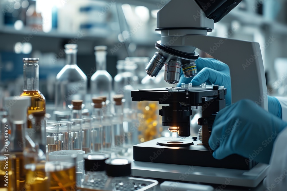 Close-up of scientist hands in sterile rubber gloves adjusting medical microscope for scientific research in laboratory. Development of vaccine components to treat the epidemic. Close-up of scientist hands in sterile rubber gloves adjusting medical microscope for scientific research in laboratory. Development of vaccine components to treat the epidemic.