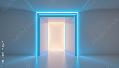 Abstract geometric background with neon lights shining through vertical slot. Glowing portal in dark doorway.