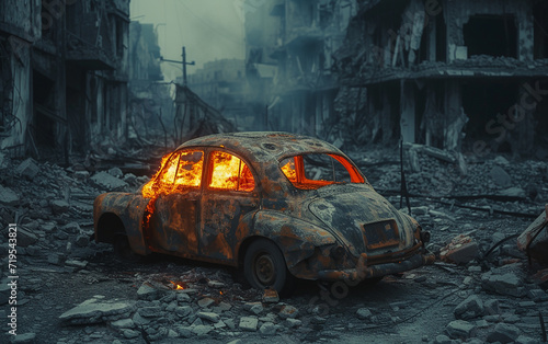 carro pega fogo em uma cidade em ruínas do pós-guerra photo
