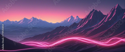 Surreal Rocky Mountain Landscape with Neon Lines. Flowing Energy and Glowing Trajectory Path in Abstract Futuristic Background.
