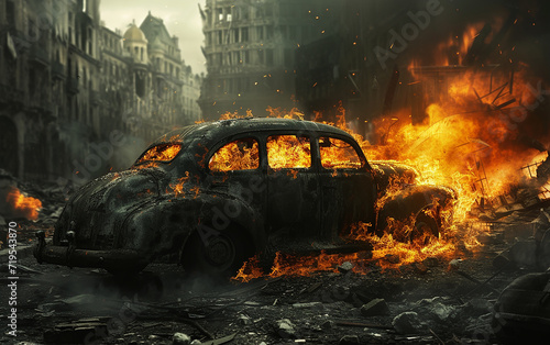 carro pega fogo em uma cidade em ruínas do pós-guerra photo