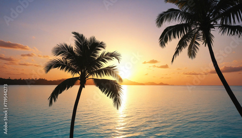 Tropical sunset, palm tree silhouette, calm water, serene getaway vacation