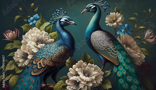 A painting of two peacocks and flowers on a blue background