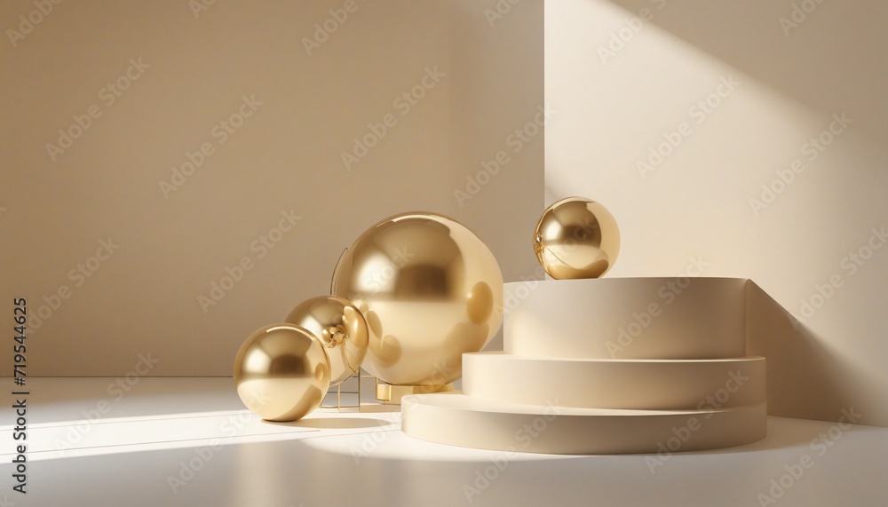 Modern minimalist 3D illustration with abstract beige background and sunlight effects. Featuring two podiums, golden sphere, and glass ball. Modern minimalist 3D illustration with abstract beige background and sunlight effects. Featuring two podiums, golden sphere, and glass ball.